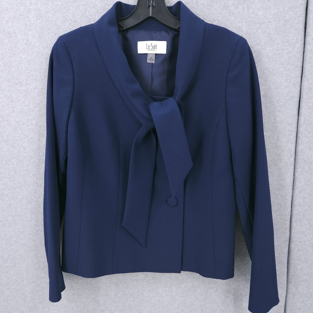 Le Suit Crepe Tie Collar‎ Button Indigo Long Sleeve Blazer Jacket Womens Size 4P